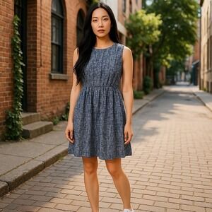 THML Gathered Waist Lined Sleeveless Dress Size‎ L Navy Print